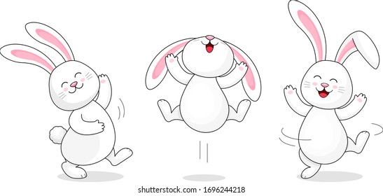 Conejo blanco saltando y bailando. Hermoso. Feliz Día de Pascua, diseño de caricaturas. Ilustración vectorial aislada en fondo blanco.