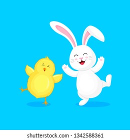 White rabbit jumping and dancing with little chick. Cartoon character design. Easter holiday concept. Vector illustration isolated on blue background.