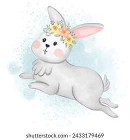 white rabbit jumping with a flower crown Watercolor illustration