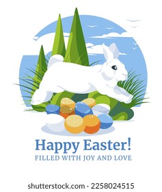 A white rabbit jumps over Easter eggs in a green English garden. Easter card. Vector flat illustration
