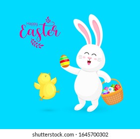 White rabbit with little chicks and Easter egg basket. Cartoon character design. Easter holiday concept. Vector illustration isolated on blue background.
