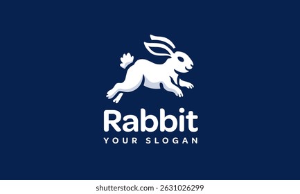 White rabbit logo. Jumping hare emblem. Clean animal icon. Playful brand symbol. Simple animal vector illustration.