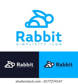 White rabbit logo in linear style. Icon of sitting bunny and letters. Outline illustration. Easter symbol.