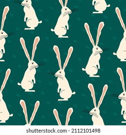 White rabbit with long ears. Adorable hare on a green background. Cute bunny character hand drawn vector illustration.  Forest animal seamless pattern.