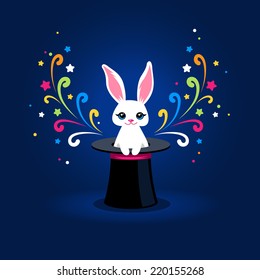White rabbit in magic hat. Illustration for your design