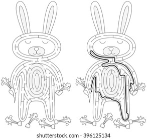 White rabbit maze for kids with a solution in black and white
