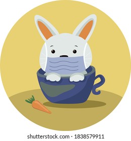 A white rabbit in a medical mask sits in a blue cup on a yellow background, and a carrot lies nearby