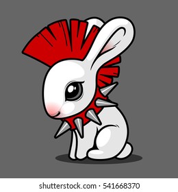 white rabbit with a mohawk on his head sitting on a gray background