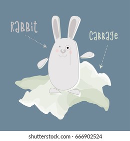 White rabbit with monocle in cabbage leaves. Blue background.
