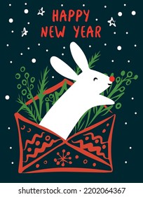 White Rabbit and new year envelope on white blackboard. Happy New Year 2023. Vector illustration.