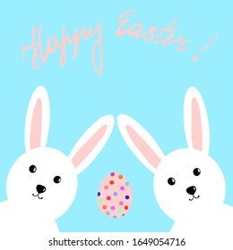 White rabbit on the blue background. Vector illustration. Happy Easter! Colorful egg