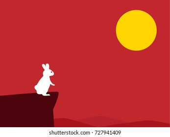White rabbit on cliff with red background for moon cake festival