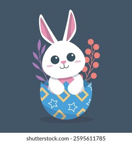 white rabbit on egg shell in isolated flat design