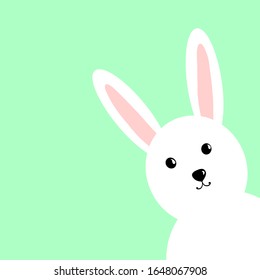 White rabbit on the green background. Vector illustration. Copy space. Place for text and design
