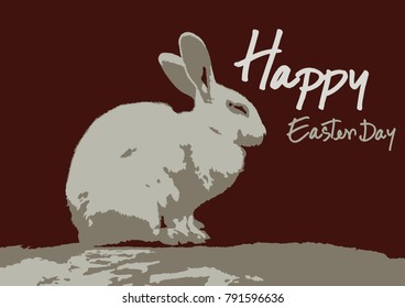 White Rabbit on the grey slope floor with brown background and text, Happy easter day. The concept of easter day celebration.