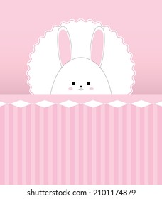 white rabbit on a pink card. rabbit head inside a white lace frame. congratulations on the newborn. card for valentine's day. vector illustration, eps 10.