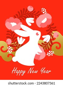Conejo blanco sobre un rojo. Conejo cortado con flores y elementos decorativos. Tarjeta de saludo china de Año Nuevo 2023 con símbolo zodiaco lunar de conejo para el festival de primavera de feriados de China tradicional