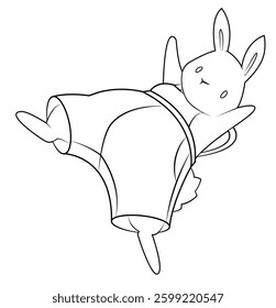 White rabbit in overalls. Cartoon character. Outline. Coloring. Hand drawing. Easter illustration. Love and friendship.