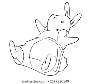 White rabbit in overalls. Cartoon character. Outline. Coloring. Hand drawing. Easter illustration. Love and friendship.