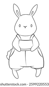 White rabbit in overalls. Cartoon character. Outline. Coloring. Hand drawing. Easter illustration. Love and friendship.