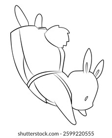 White rabbit in overalls. Cartoon character. Outline. Coloring. Hand drawing. Easter illustration. Love and friendship.