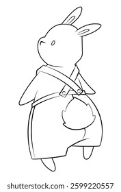 White rabbit in overalls. Cartoon character. Outline. Coloring. Hand drawing. Easter illustration. Love and friendship.