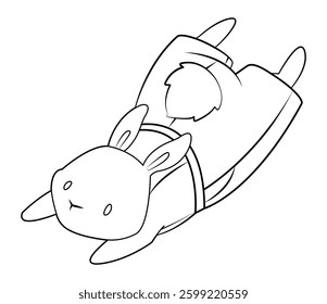 White rabbit in overalls. Cartoon character. Outline. Coloring. Hand drawing. Easter illustration. Love and friendship.