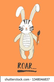 White rabbit with painted tiger stripes on the face and word "Roar". Hand drawn cute bunny. Vector illustration.