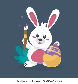 white rabbit painting easter egg in isolated flat design