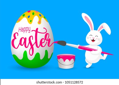 White rabbit painting Easter eggs. Cute bunny. Cartoon character design,  Illustration isolated on blue background.