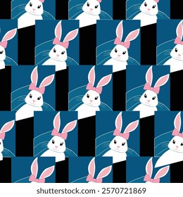 white rabbit pink bow pink ears black eyes little smile dark blue square on back background.Vector seamless pattern.