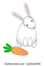 White rabbit with pink ears looks at a carrot. Long-eared hare wants to eat carrots - cute children vector illustration. Cute cartoon rabbit found a big orange carrot. Scandinavian style