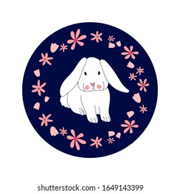 Conejo blanco con marco redondo de flor rosa sobre fondo de color azul oscuro de fondo de la mano ilustración vectorial aislado en blanco. Para decoración, postal, póster, publicidad, vacaciones de primavera o cumpleaños 
