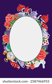 White rabbit, playing cards, pocket watch and key, teapot and cup, mushroom and poison on purple background. Frame and place for text.