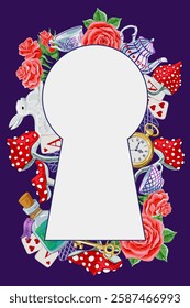 White rabbit, playing cards, pocket watch and key, teapot and cup, mushroom and poison on purple background. Frame and place for text.