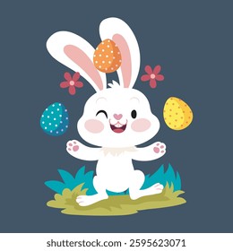 white rabbit playing egg in isolated flat vector design