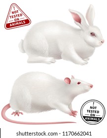 White rabbit and rat realistic icons and stamps with text not tested on animals vector illustration 