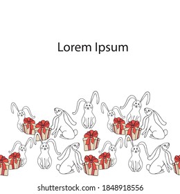 White rabbit red bow gift horizontal seamless pattern Lorem Ipsum. Art design stock vector illustration background for web, for print