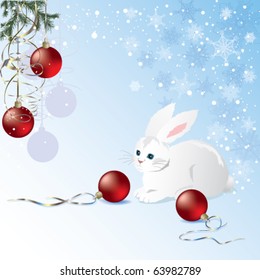 White rabbit and red christmas balls