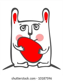 White rabbit and red easter egg isolated on a white background. Easter illustration.