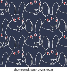 White rabbit with red eyes  vector seamless pattern linear style. Great for label, print, packaging, fabric.