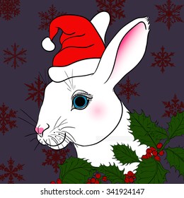 White rabbit with red hat and mistletoe