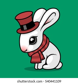 white rabbit in a red hat and scarf sitting on a green background