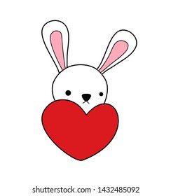 white rabbit with red heart flat vector icon