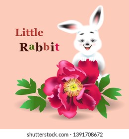 White rabbit with a red peony. Vector illustration of little bunny.