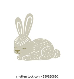 White Rabbit Relaxed Cartoon Wild Animal With Closed Eyes Decorated With Boho Hipster Style Floral Motives And Patterns