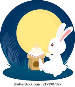 White Rabbit and Rice Cake in Full Moon Night