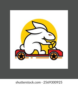 A white rabbit riding a red toy car against a yellow sun background