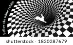 White rabbit runs and falls into a hole. Surreal chess background and lettering    follow the white rabbit.