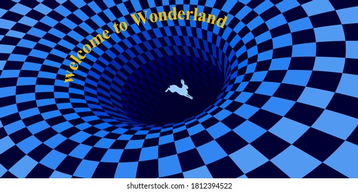 White rabbit runs and falls into a hole. Surreal chess background and lettering   welcome to wonderland